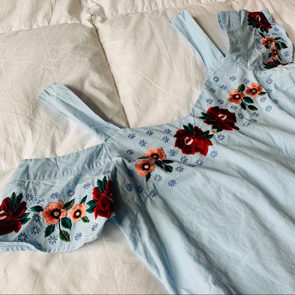 Light Blue Embroidered Poplin Off Shoulder Dress